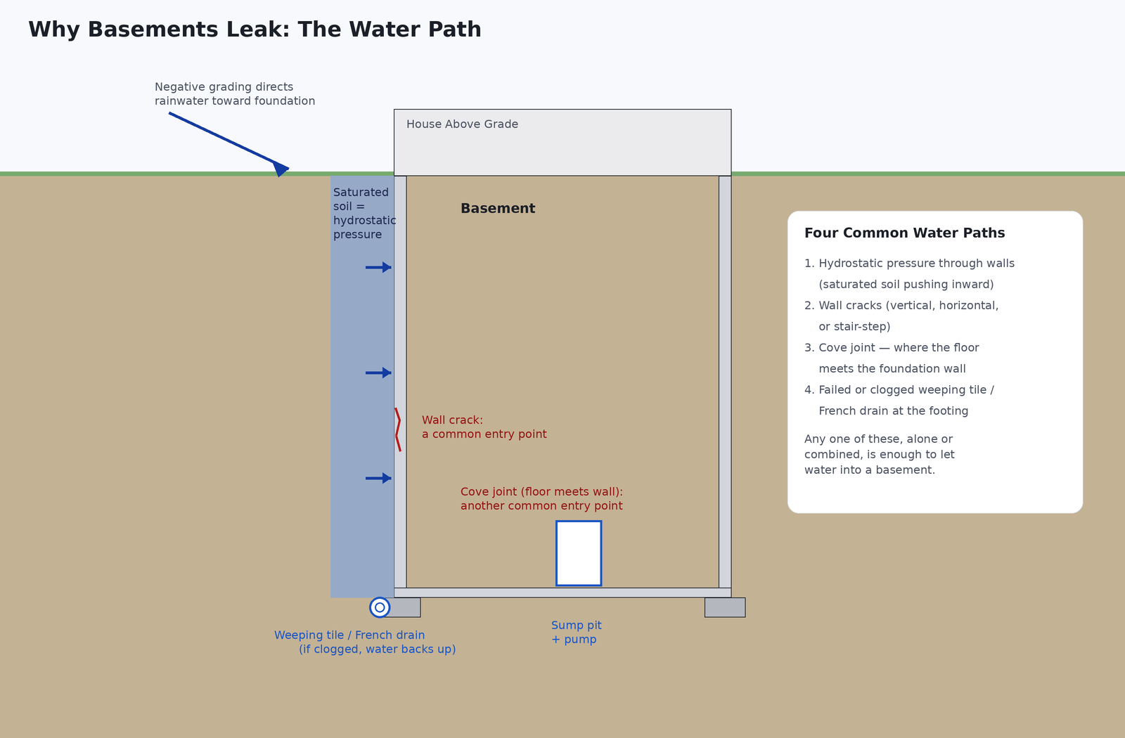 Cross-section diagram showing the four common paths water takes into a basement: hydrostatic pressure through the wall, a wall crack, the cove joint where floor meets wall, and a failed weeping tile or French drain at the footing